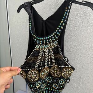 Macy's Black Halter Top with Iridescent Multi-Bead Embellishment